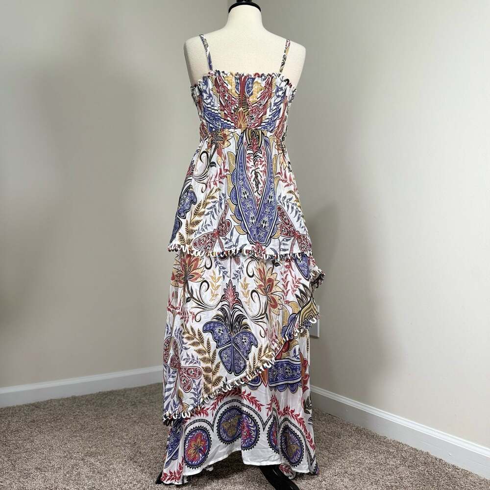 FARM Rio Boho Glam Loop Trim Asymmetrical Maxi Dress Resort Cottagecore - Picture 4 of 11